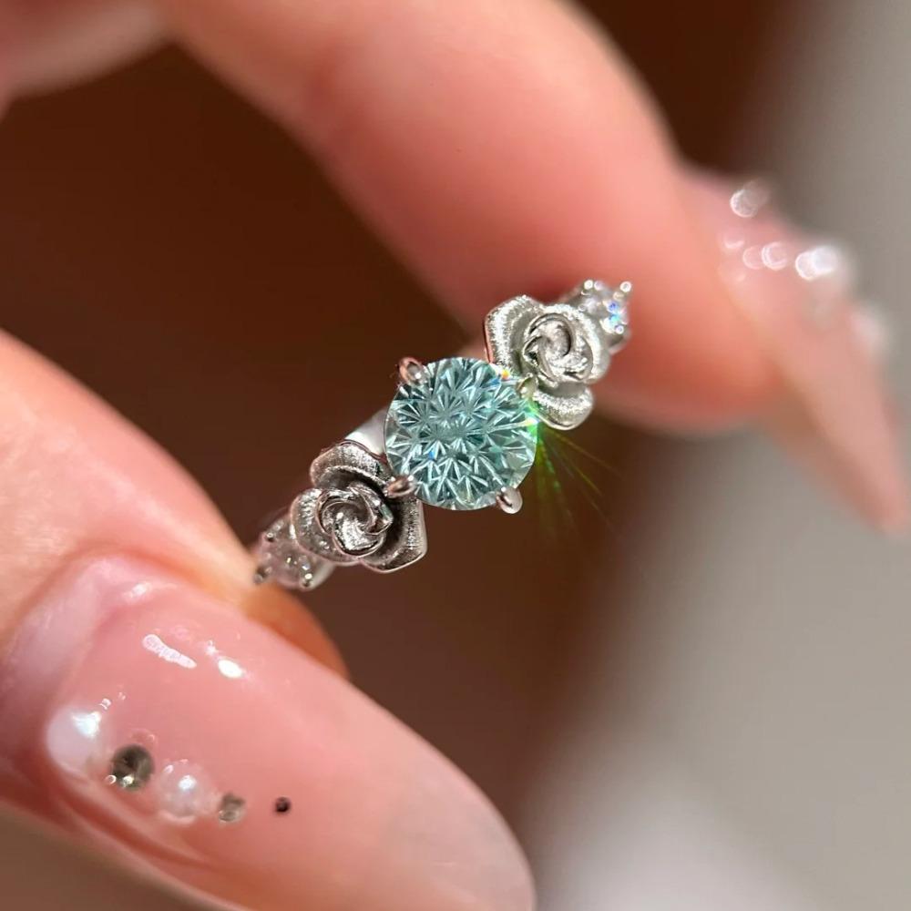 

Women Rose Ring Paraiba Color Firework Cut 3D Design Camellia Flower Diamond Ring Luxury Fashion Jewelry adjustable