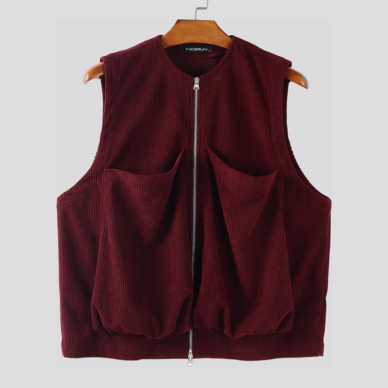 

INCERUN Осень Весна Мужской Повседневный Вельветовый Жилет на Молнии S красный