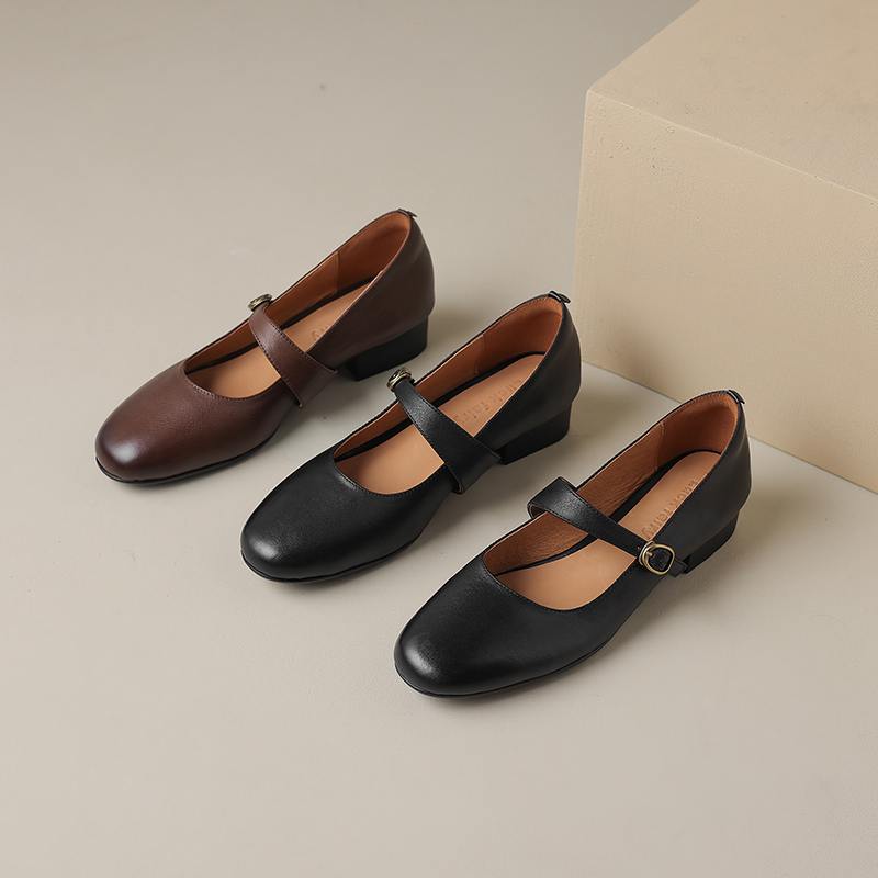 Hovězí kůže s kulatou špičkou tlusté střední podpatky podzimní boty Mary Janes pevné dámské lodičky