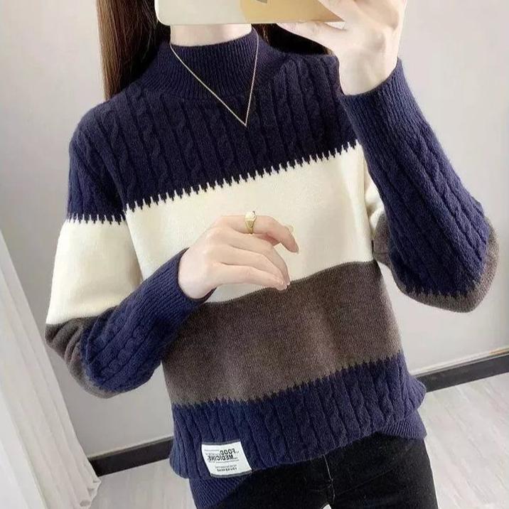 Half Turtleneck Knitwear for Women Loose Thickened Color-blocked Sweater Autumn and Winter Casual Top Pullover Winter Knitted Sweater