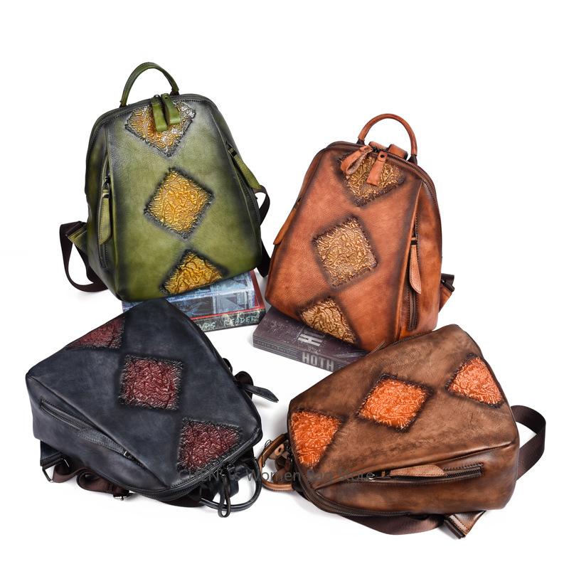 Luxury Fashion Genuine Leather Women Backpack Large Capacity Embossed Shoulder Bag Female First Layer Cowhide Retro