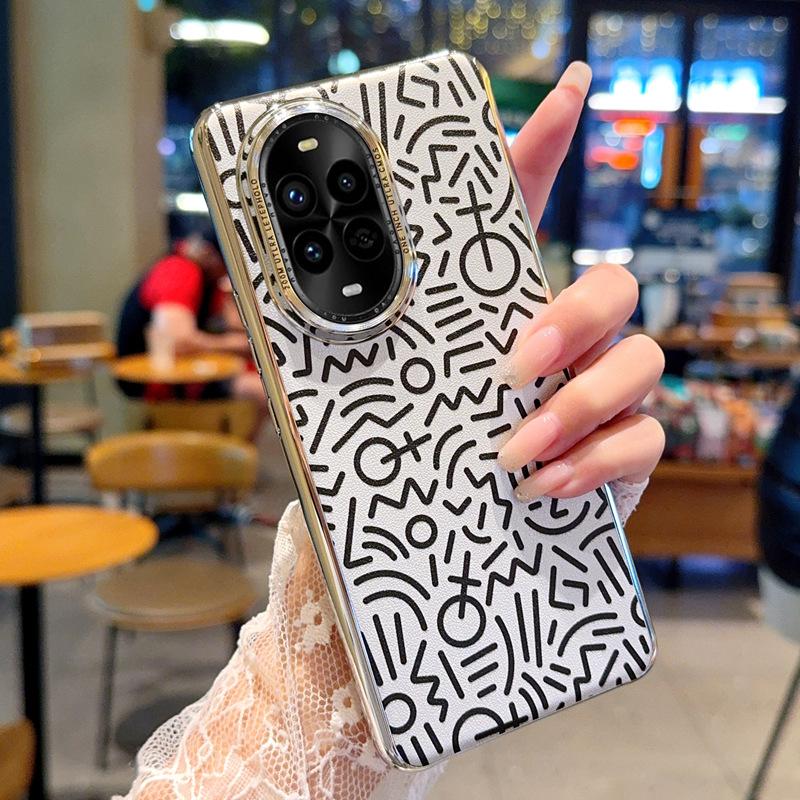For Huawei Nova 13 13 Pro 12 Plated Graffiti Large Hole Metal Lens Ring Anti-Fingerprint Anti-Drop Phone Case