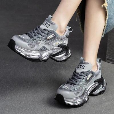 Breathable Mesh Women's Shoes Fashionable Lace-up Thick Sole Heightened Mixed Colors Platform Sneakers