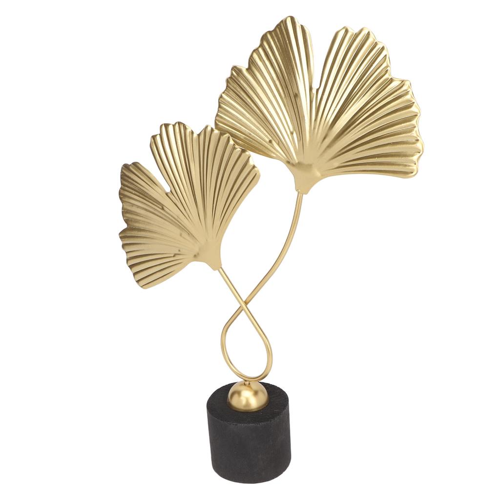 Leaf Statue Double Headed Ginkgo Shape Golden Attractive Decorative Metal Composite Wooden Base