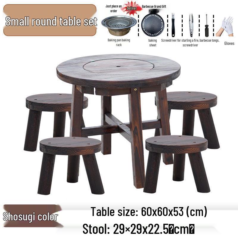 Outdoor Anti-corrosion Fire Pit Tea Table with Solid Wood and BBQ Function, Includes Indoor/Outdoor Chairs for Home Use
