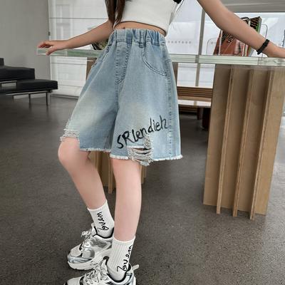 Shorts de Verano para Niñas con Letras Rosteadas Pintados a Mano en Tela Vaquera Jeans Rasgados de Moda Shorts Deportivos Casuales para Niños de 5 a 15 Años