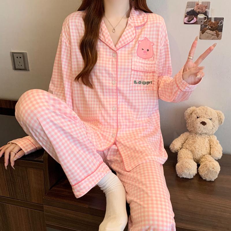 Plaid Long Sleeve Pajama Set with Pants – Spring & Autumn Style, Comfortable Home or Dorm Wear, Suitable for Outdoor Use