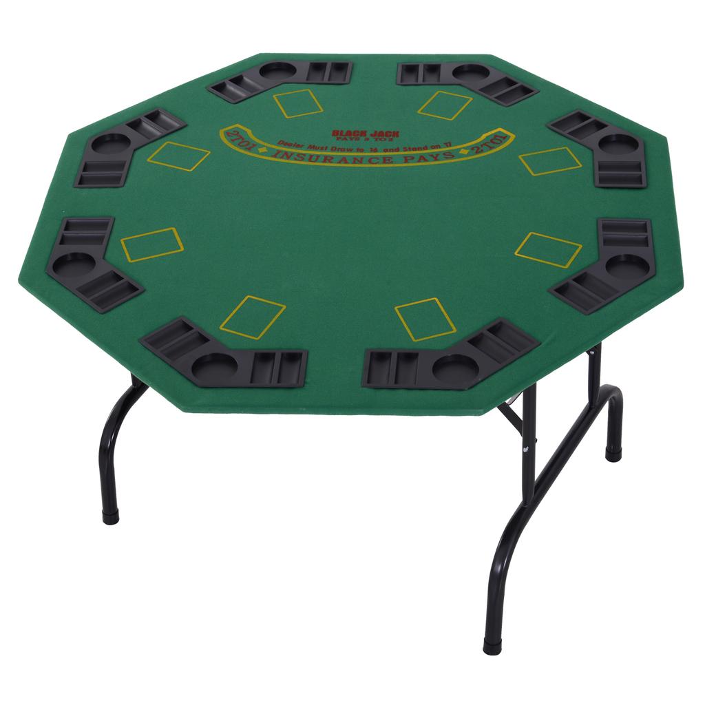 8 Player Folding Games Poker Table with Chip Cup Holder Steel Base Felt Top Octagon Blackjack Green