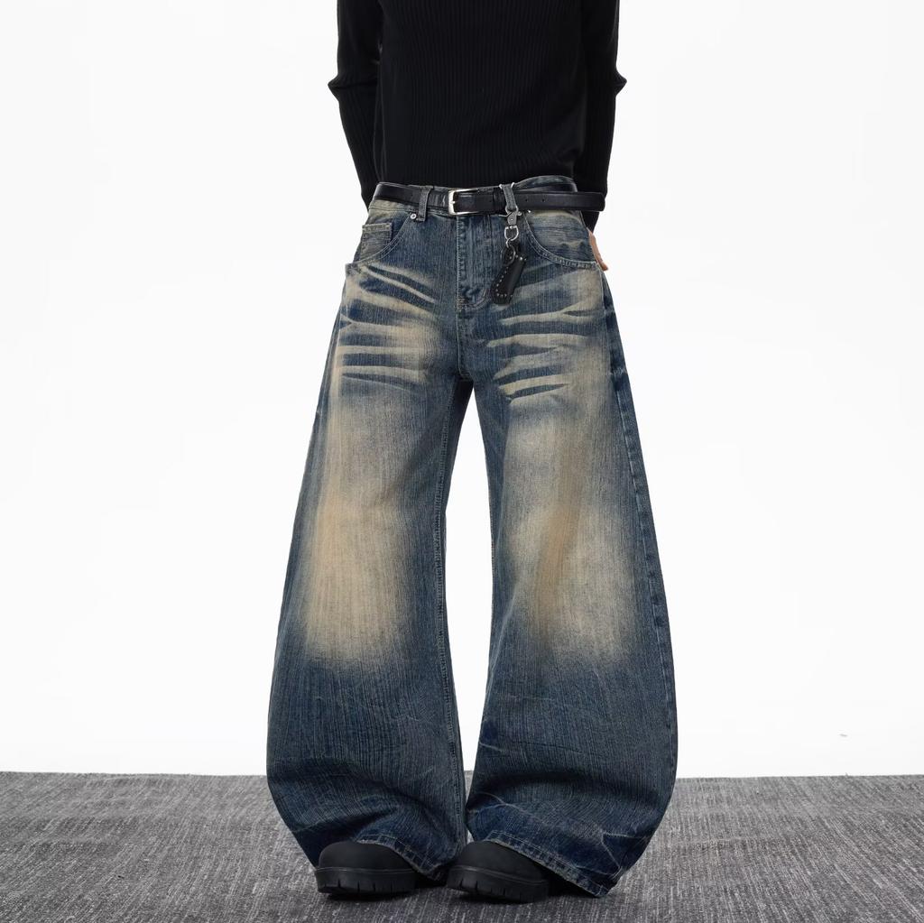 American Vintage Washed Distressed Catwhisker Bamboo Pattern Jeans for Men, Loose Wide-leg Curved Knife Pants In Stock