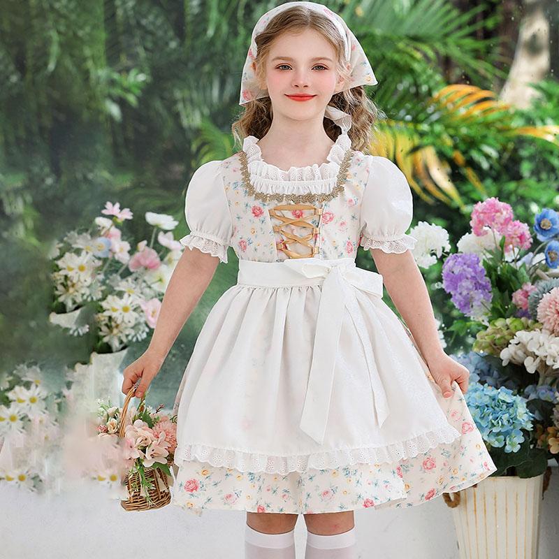 Girls Maid Clothes 3 Piece Set Pastoral Floral Dress Kids German Munich Oktoberfest Costume Sweet Children's Lolita Prom Dress