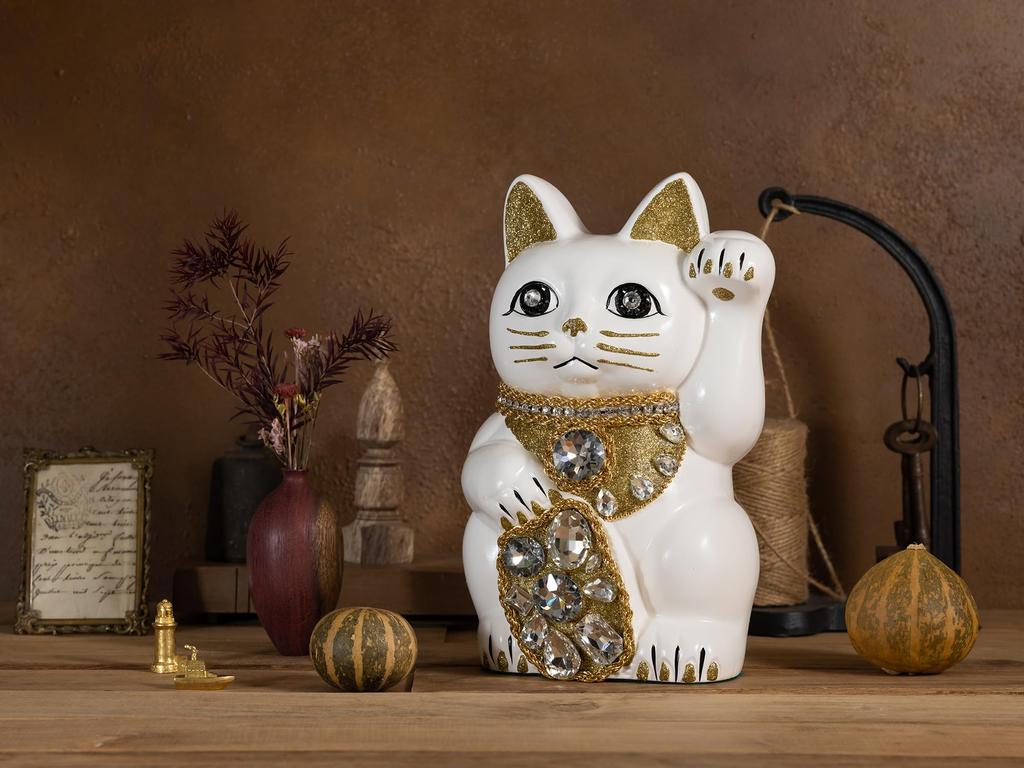Lucky Cat Jewelry Cat Left Paw Raised Ceramic Lucky Cat Maneki Neko Feng Shui Ornament Offering Box (L-SIZE White) / - (Lucky Cat) - - (jw_L White)