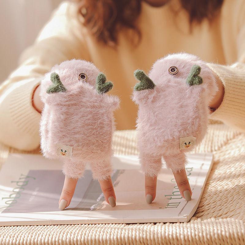 Women's Winter Fleece-Lined Antler Gloves - Cute Korean-Style, Wool Plush, Half-Finger with Flip-Top, Warm & Cold-Proof for Students & Big Kids