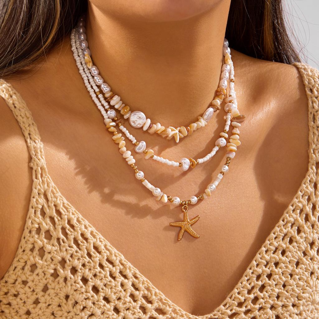 3Pcs/Set Vacation Starfish Faux Pearl Stone Necklace Summer Beach Ocean Theme Boho Choker Jewelry For Women