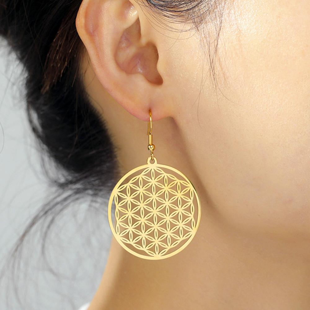 My Shape Flower of Life Drop Earrings for Women Stainless Steel Mandala Sacred Geometry Flower Dangle Earring Amulet Jewelry