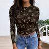 Women Halloween Print Long Sleeve Slim Fit Crew Neck Base Layer T Shirt Casual Stretchy Top for Everyday Wear