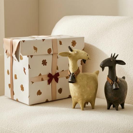 Rustic Fireplace Decor Vintage Goat Figurines with Bell Collar, Farmhouse Animal Desktop Artistic Room Ornaments Statues, Countryside Home Ornament