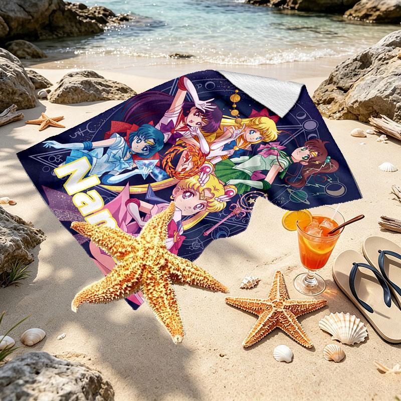 Custom Name Personalized Sailor Moon Print Beach Towel, for Trip Camping Beach Party Home Decor, Birthday Gift for Family & Friends