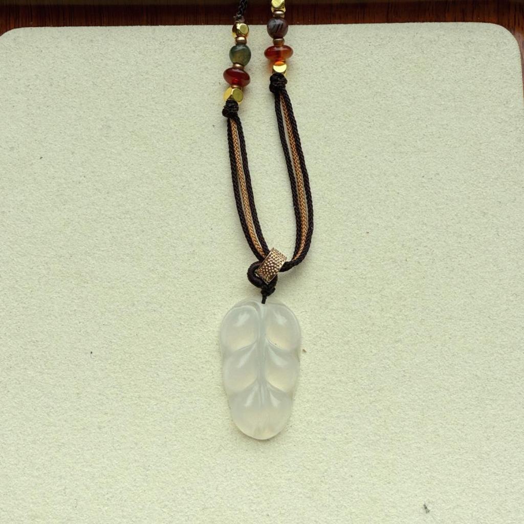 Natural White Chalcedony & Hetian Jade Leaf Pendant Necklace with Adjustable Rope