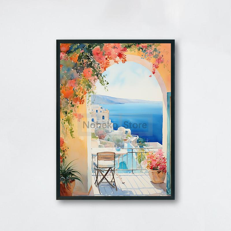 Watercolor Style Mediterranean Coast Sea Poster Seaside Landscape Prints Canvas Painting Wall Art Pictures Home Room Beach Decor
