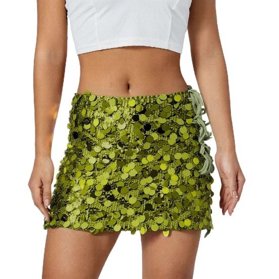 Dámská mini sukně s vysokým pasem, design se šněrováním na boku, krátká sukně, lesklé flitry, sukně obepínající boky, sexy párty sukně