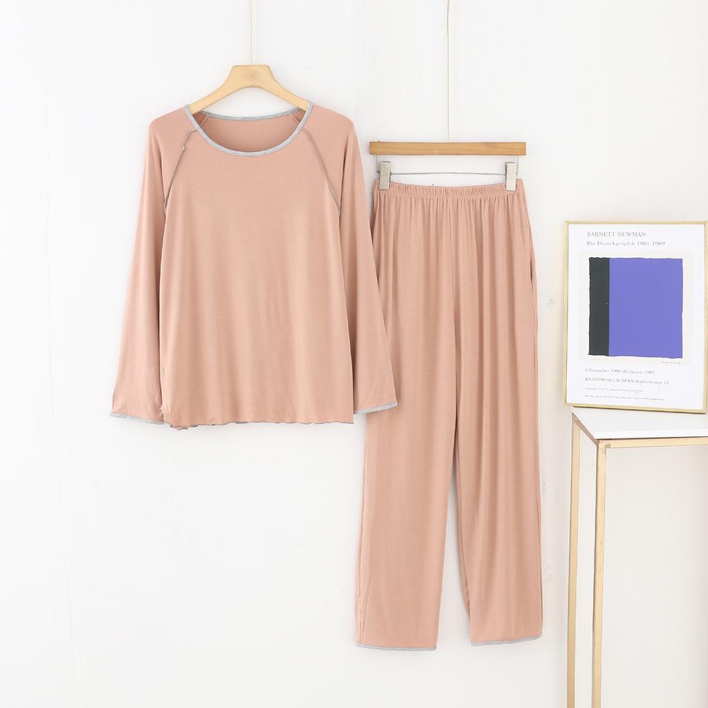 Solid Color Modal Women's Sleepwear Four Season Long Sleeved Pants Round Neck Pullover Home Suit Set with Fashionable Splicing