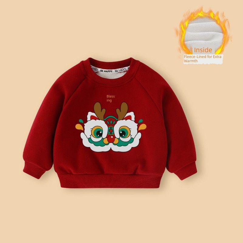 Baby Fleece-Lined Red Sweatshirt Winter Wear Thickened Festive New Year Boys' Top Children's New Year Greeting Clothes for Girls