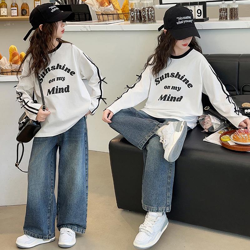 2025 Trendy Girls' Loose Long Sleeve Letter Stripe Top for Big Kids