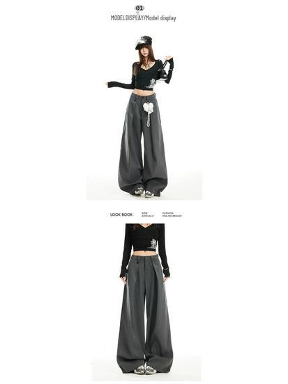 Gray Striped Wide-Leg High-Waisted Women's Pants - 2026 Spring Arrival, Straight and Slimming Versatile Suit Style.