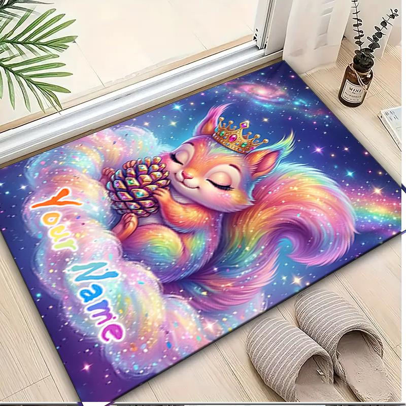 1PC Custom Name Rainbow Squirrel Majesty Theme Floor Mat Ideal for Living Room, Game Rooms, Office, Bedroom,Floor Mat Playful Design