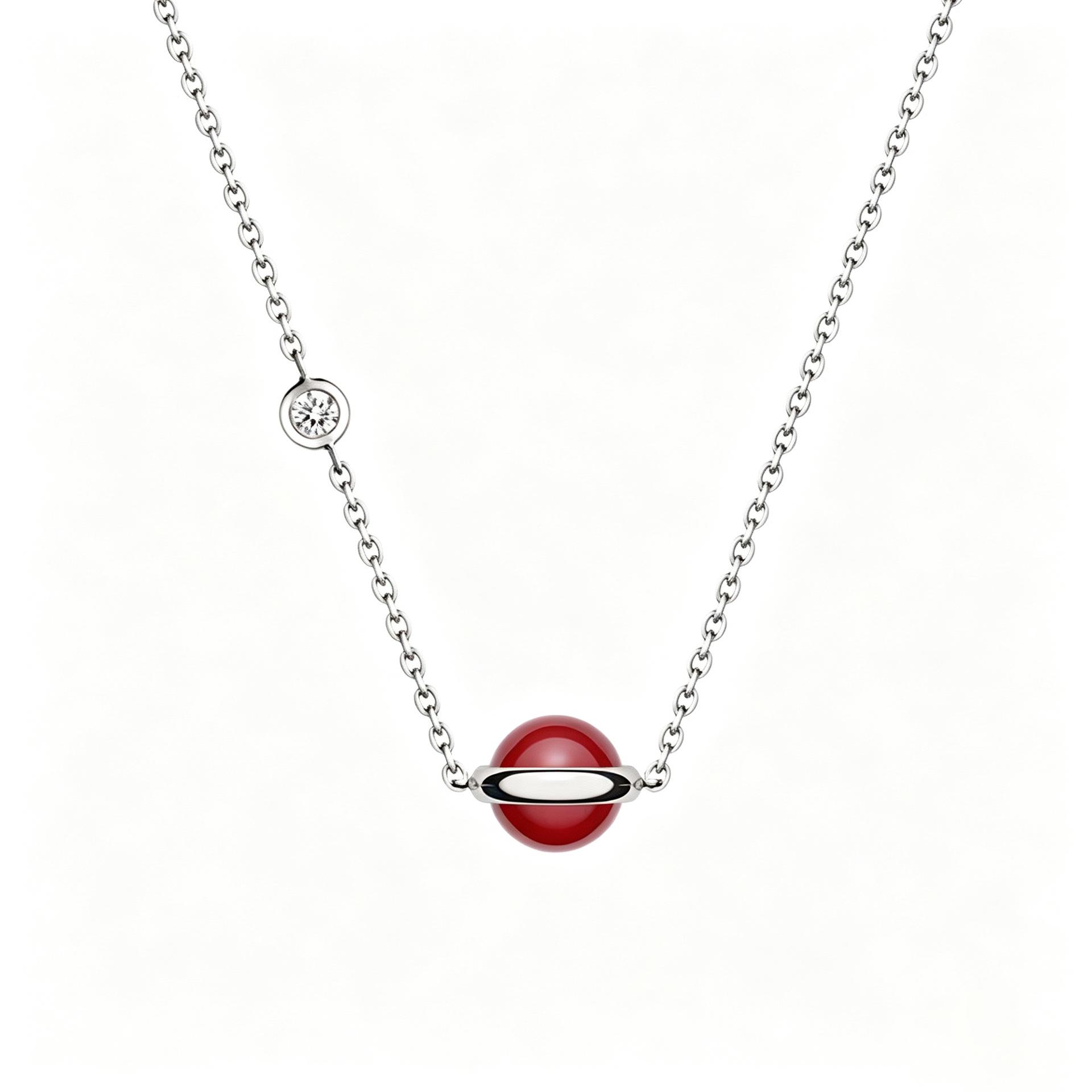 S925 Sterling Silver Red Agate Chalcedony Necklace - Women s Round Bead Collarbone Chain Jewelry S925 Silver