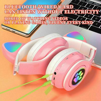 Flash Lamp Cute Cat Ears Headphone Bluetooth 5.0 Stereo With Mic Support TF Card Wireless Kids Girl Earphone Birthday Gift