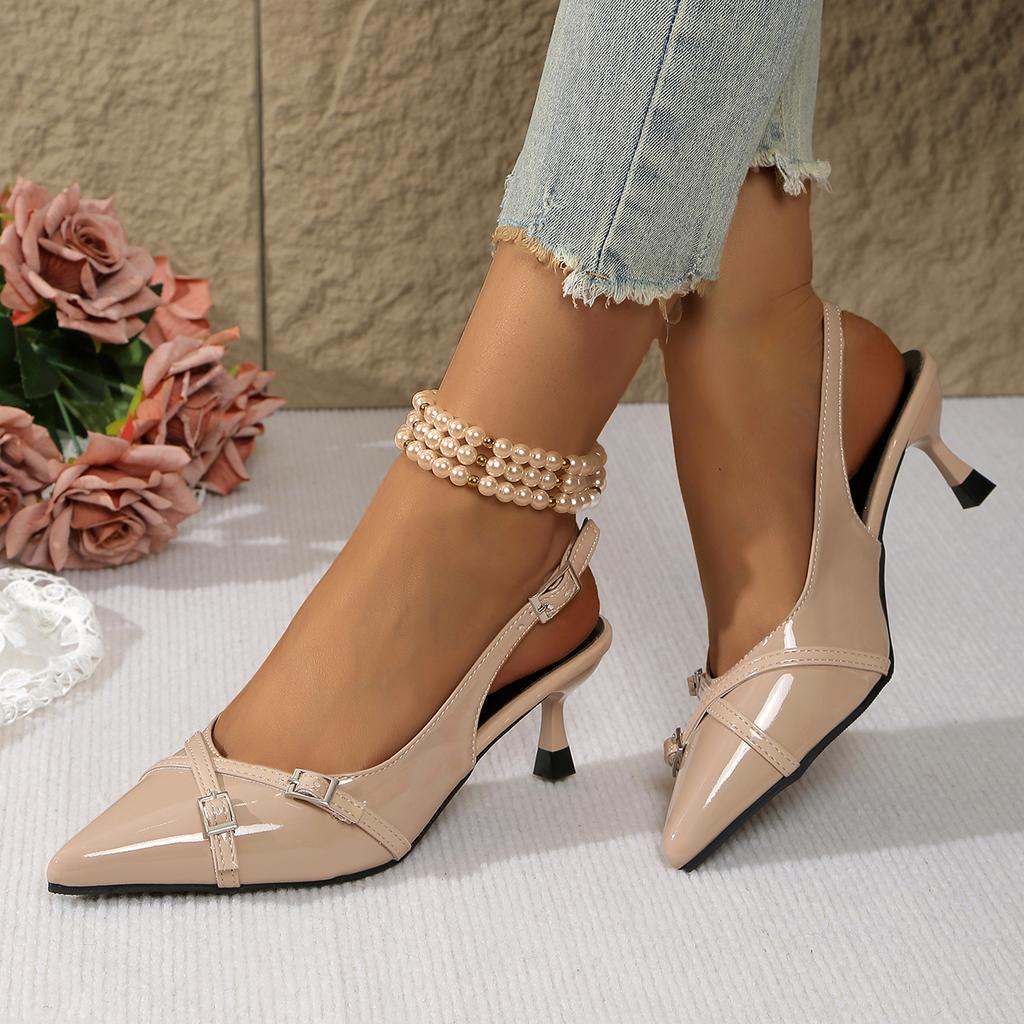 Damensandalen Spitze Flacher Ausschnitt Sandalen Neue High-Heel Schuhe Sommer Elegant Schnalle Verziert Stiletto Schwarz Damenschuhe