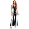 Womens Disco Jumpsuit 70s 80s Style Lapel V Neck Sleeveless Metallic Shiny Flared Pants Romper