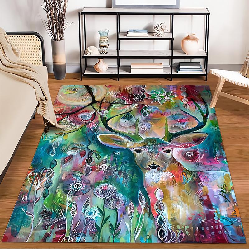 Colorful Deer Abstract Art Pattern Carpet for Home Decoration, 3D Style Suitable for use as an anti-slip for living room bedroom sofas