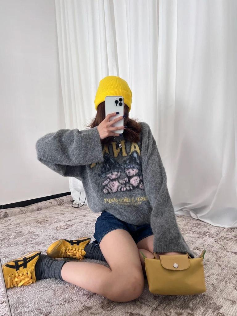 Mohair Blend Long Sleeve Sweater - Mushroom Pattern with Two Bears Design