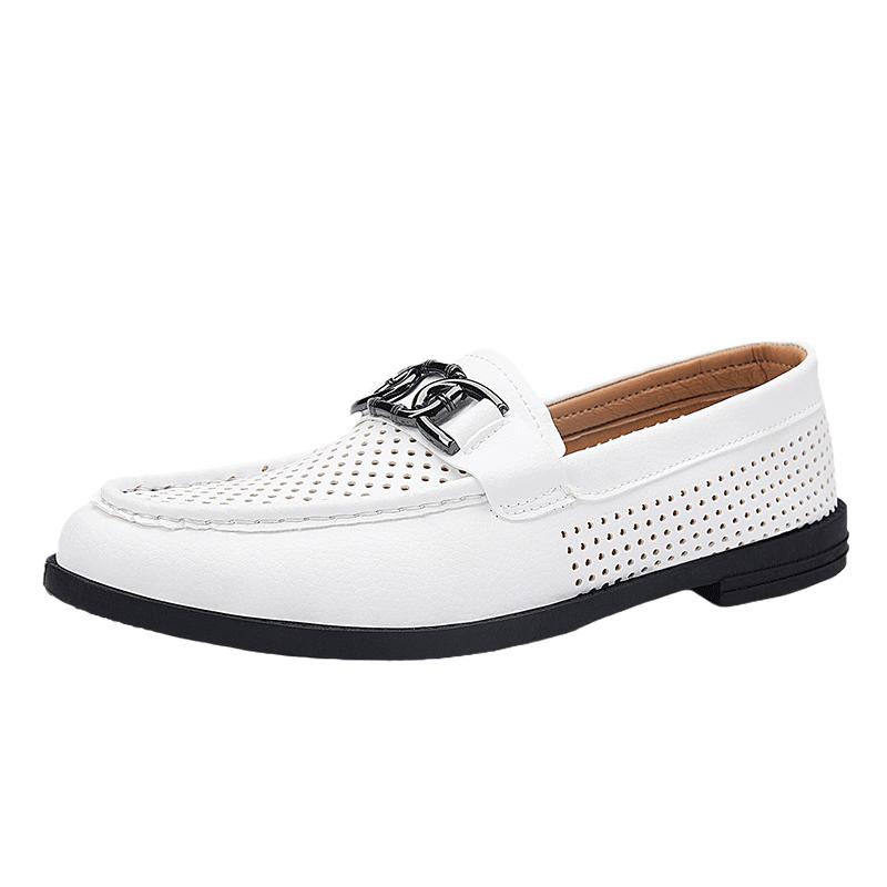 

Мужская повседневная обувь без шнуровки, лето 2024, дышащие полые лоферы из мягкой кожи для мужчин, профессиональная легкая мужская прогулочная обувь 44 белый