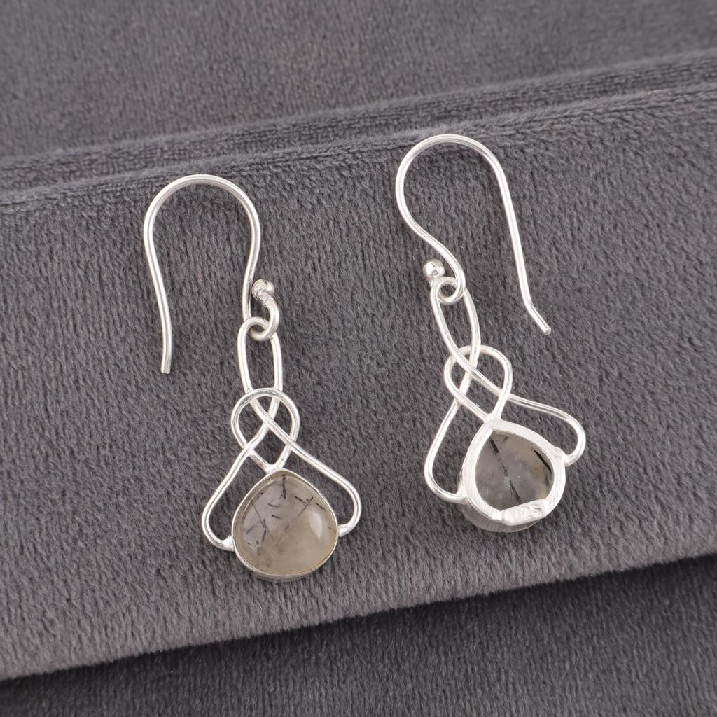 Ohrringe mit schwarzem Rutil, 925er Sterlingsilber-Echtschmuck, handgefertigte Ohrringe, für Thanksgiving