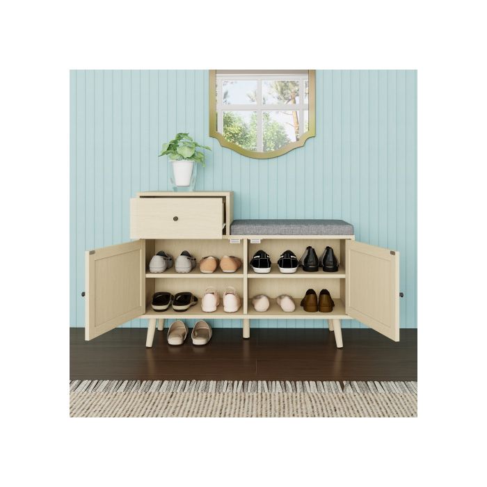 Banc à chaussures - MUVOE - Bois naturel - 2 portes - 1 tiroir - Rembourré