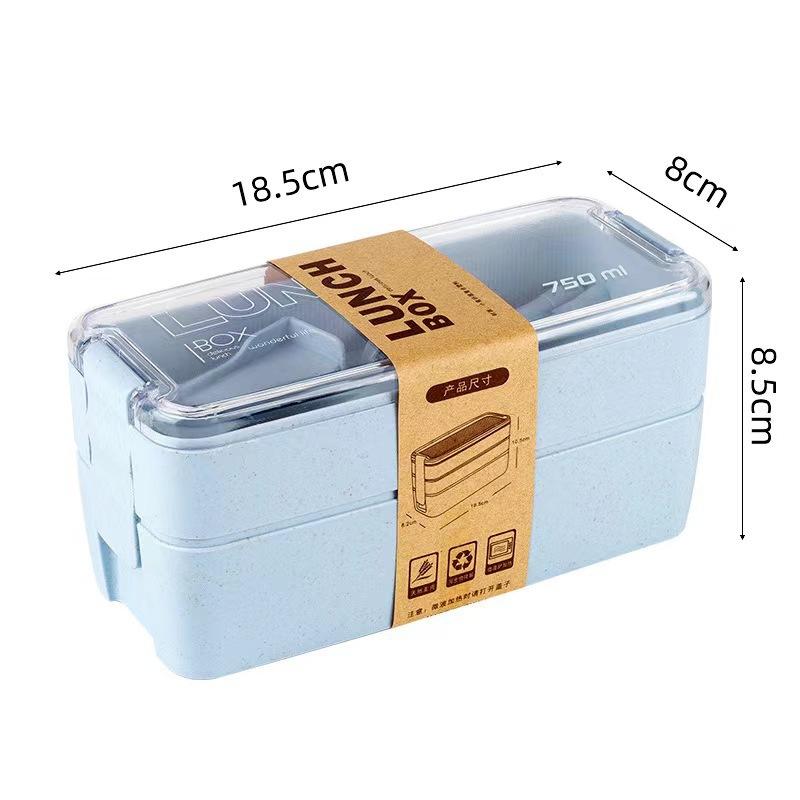 Japanese Double-layer Lunch Box,Ins Wind Fresh-keeping Box, with Fork and Spoon Plastic Double Layer Portable Lunch Box