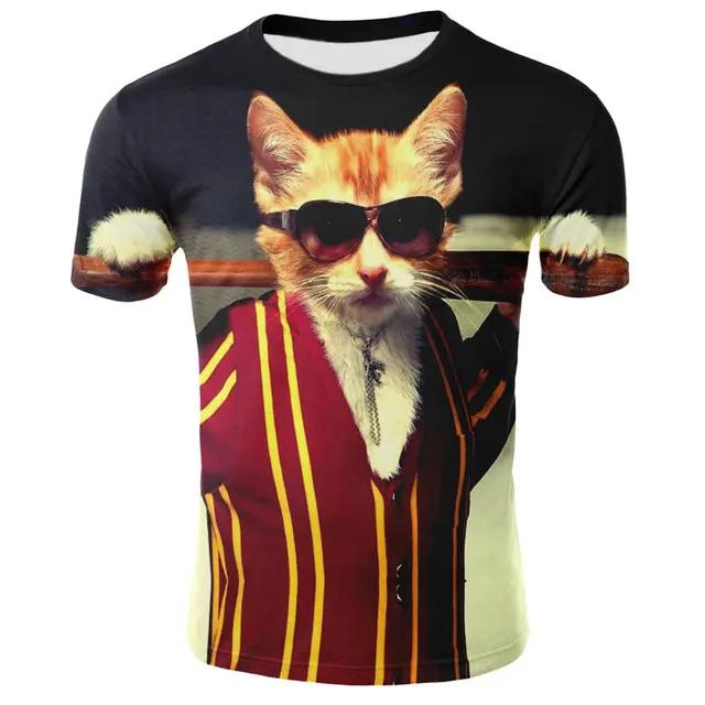 Yaz Komik Kedi 3D Baskılı Kısa Kollu Tişört Yuvarlak Yaka Tişörtler Modaya Uygun Rahat Nefes Alabilen Günlük Üst Erkek Tişörtü