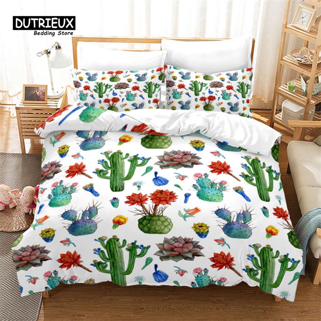 Chic Cactus Bedding Set Queen For Kids Teen Decor Cartoon Green Plants Succulents Duvet Cover Nature Art Floral Comforter Cover