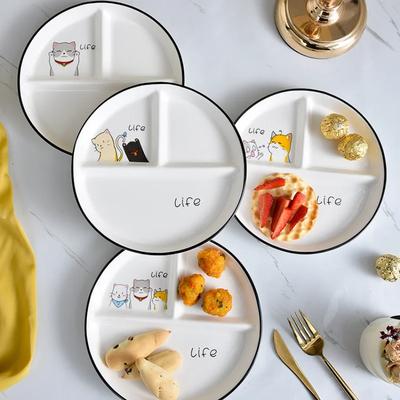 Ceramic Plate Cartoon Fat-reducing Sub-plate, Sub-plate, Household Dish Plate, Three-plate Breakfast Plate, Tableware Gift Set