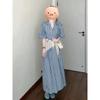 Evnstyle "Holy Island Blue Window" Spring New Mid-Length Nine-Quarter Sleeve Loose Blue Plaid Dress Women