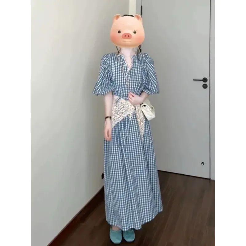 Evnstyle "Holy Island Blue Window" Spring New Mid-Length Nine-Quarter Sleeve Loose Blue Plaid Dress Women