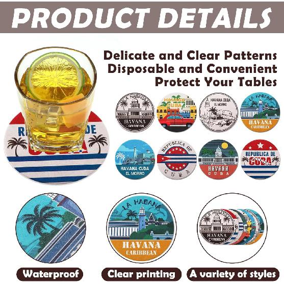 Set of 48 Havana Print Disposable Paper Drink Coasters for Bar Bulk 4 Inch Round Cup Beer Coasters Absorbent for Havana Nights Party Supplies Summer