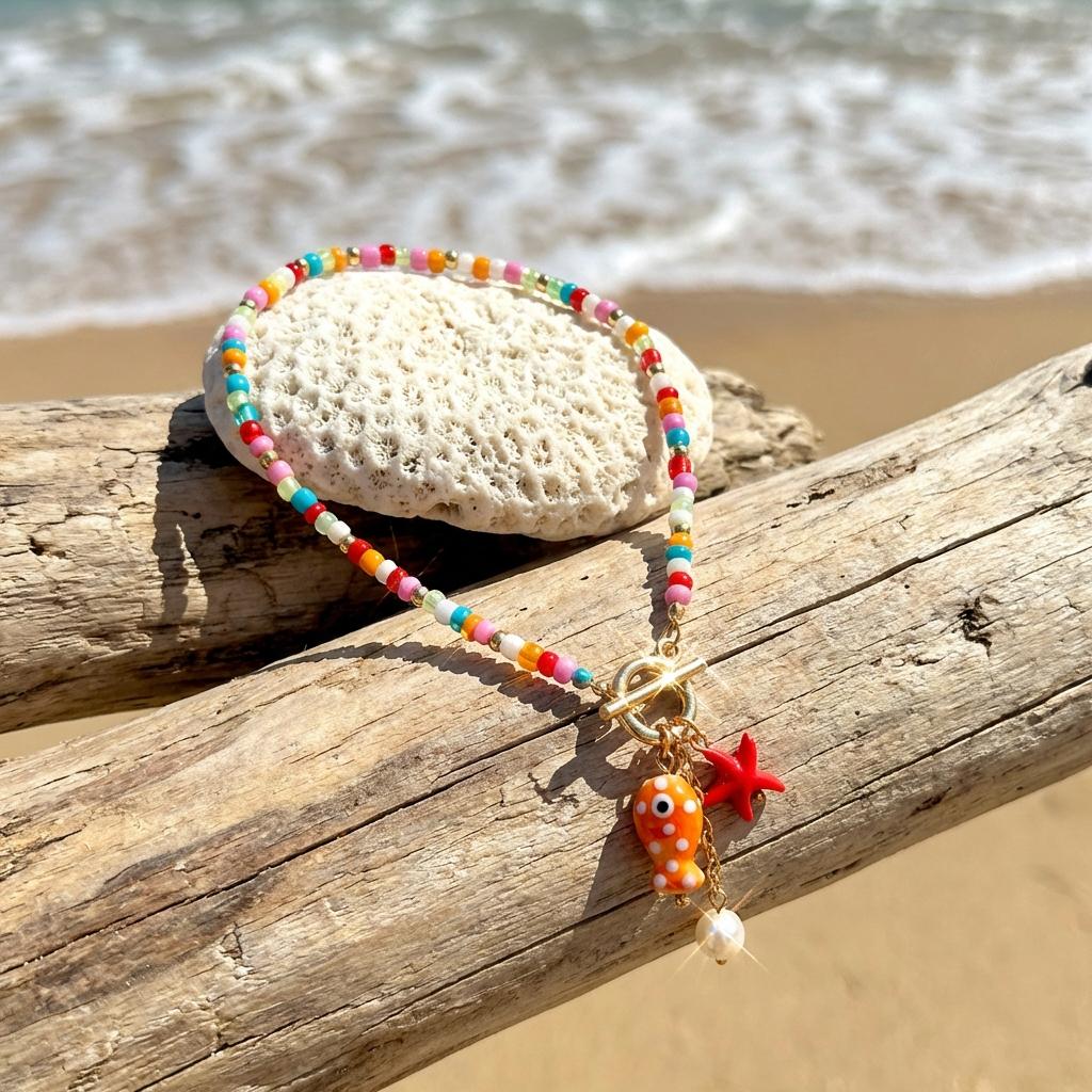 Bohemian Starfish Pendant Necklace For Women Handmade Rice Beads Ceramic Fish with OT Buckle Choker Summer Beach Party Jewelry