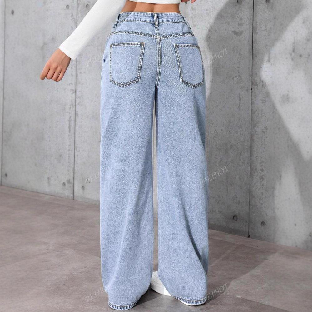 High-waisted Wide-leg Loose Stretch Straight Jeans for Women, Summer Style Loose Fit High-waisted Jeans Light Blue Cotton Casual Denim Pants