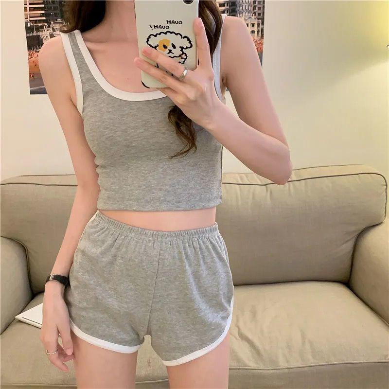 Summer Casual Natural Slim Sleeveless 2 Piece Set Women Fashion Design Solid Sling Sports Vest Vintage Chic High Waist Thin Short Pants New