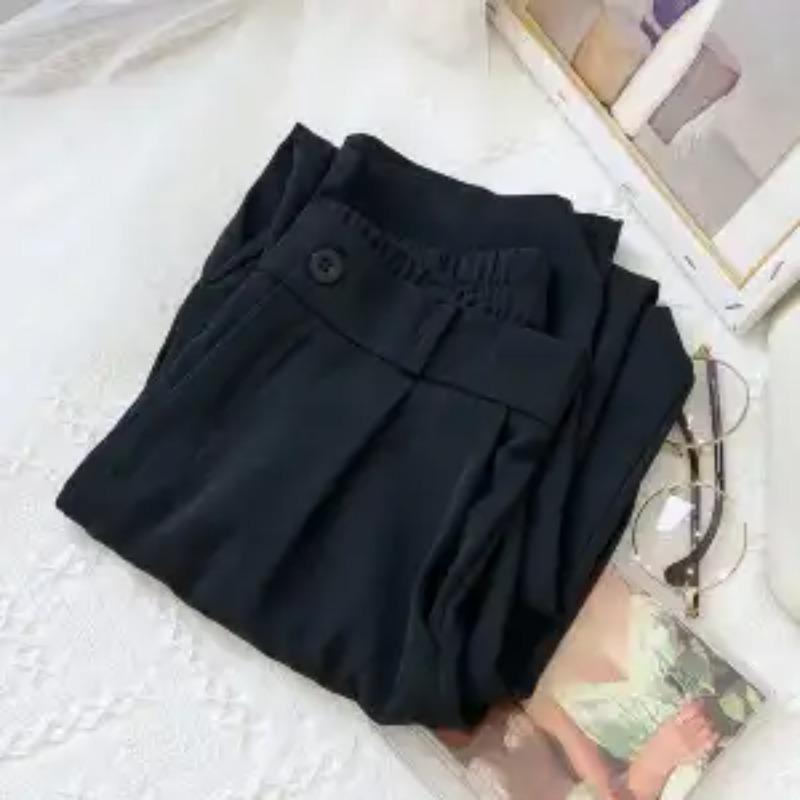 Women's Black Elastic Waist Wide Leg Trousers Casual Loose-fit Suit Pants