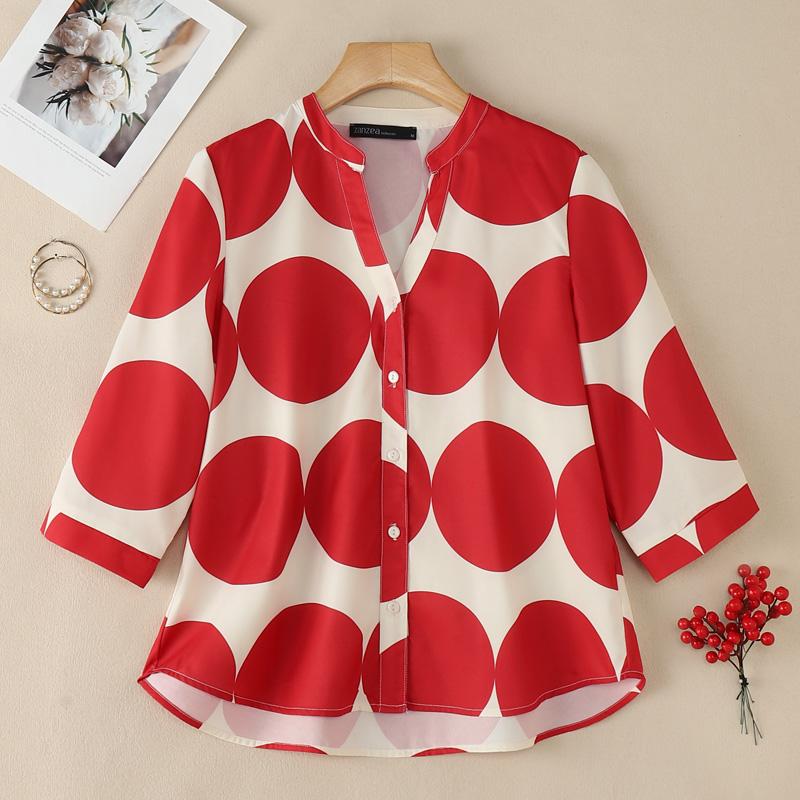 ZANZEA Women Casual V-Neck 3/4 Sleeve Loose Polka Dot Print Blouse S красный